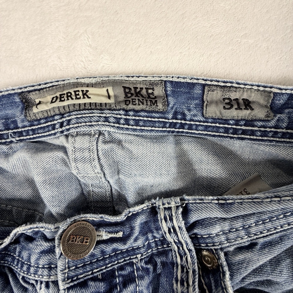 BKE Derek Jeans Men's 31R 31x31 Blue Bootcut Stretch Distressed Denim Med Wash - Picture 3 of 8